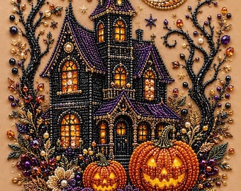 Moonlit Spooky Manor Halloween Pearl Painting Kit, DIY Spooky Craft for Adults, Pre-Framed Diamond Art Alternative, Fall Decor, Made in USA