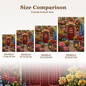 The image is a framed artwork size comparison, showing the dimensions of four different framed artworks depicting a garden scene with a red door and flowers.