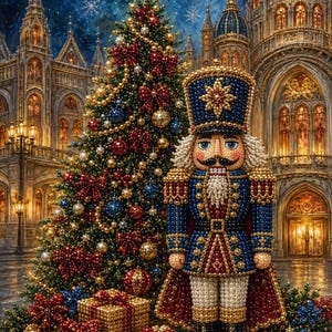 A nutcracker figure stands in front of a beautifully decorated Christmas tree, with a grand cathedral and starry night sky in the background.