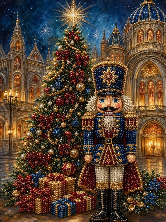 Nutcracker Pearl Painting Kit, DIY Holiday Craft Gift for Adults, Pre-Framed Diamond Art Alternative, Winter Decor