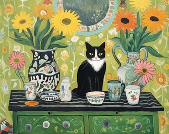 Un chat noir et blanc assis sur une commode, peinture par numéros bricolage, kit peinture par numéro bricolage pour adulte, kit bricolage, décoration murale faite main-cadeau de Noël