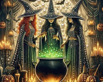 Witchy Cauldron Brew Halloween Pearl Painting Kit, DIY Spooky Craft for Adults, Pre-Framed Diamond Art Alternative, Fall Decor, Made in USA