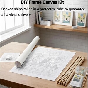 a DIY Frame Canvas Kit, which includes a roll of paper, a wooden frame, and various art supplies such as pencils and paintbrushes, all arranged on a wooden table.