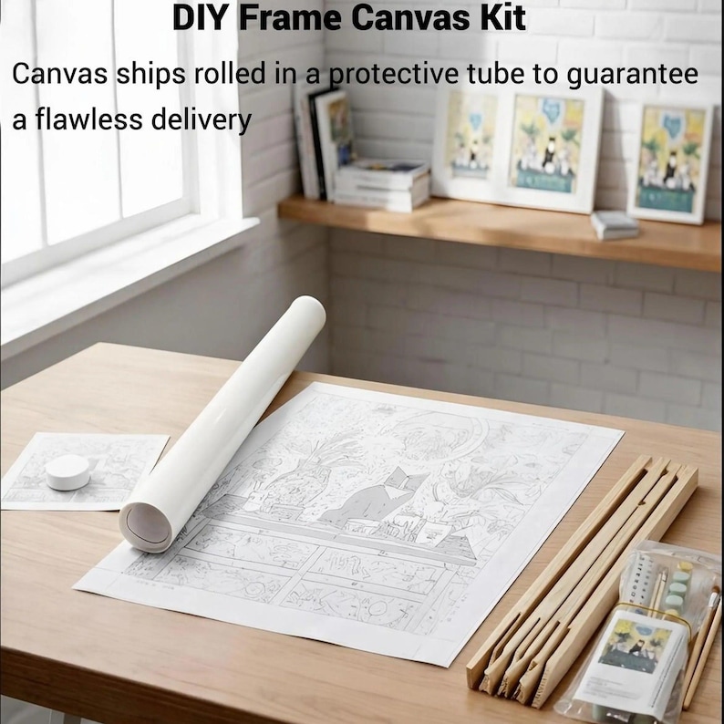 a DIY Frame Canvas Kit, which includes a roll of paper, a wooden frame, and various art supplies such as pencils and paintbrushes, all arranged on a wooden table.
