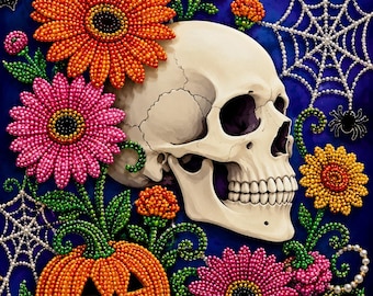 Cute Floral Skull Deco Halloween Pearl Painting Kit, DIY Spooky Craft for Adults,Pre-Framed Diamond Art Alternative, Fall Decor, Made in USA