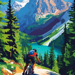 May include: A person on a mountain bike rides down a winding path with a view of a lake and snow-capped mountains in the distance.