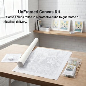 a wooden desk with a large canvas kit, including a roll of paper, paintbrushes, and a small white object. The kit appears to be designed for a smooth and hassle-free painting experience, with the canvas ships rolled in a protective tube to ensure a flawless delivery.
