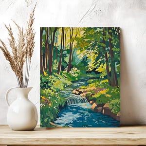 a painting of a stream running through a forest