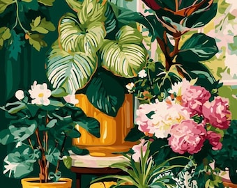 May include: A vibrant painting of various potted plants and flowers in a sunlit room. The scene includes large-leafed plants in yellow pots, pink flowers, and lemons. The artwork has a warm, inviting color palette with shades of green, yellow, and pink.
