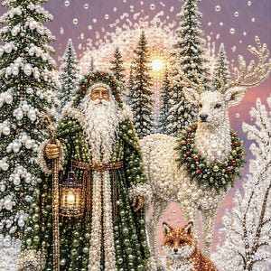 May include: A beaded artwork depicting a bearded figure in a long green coat holding a lantern, standing beside a white deer with a wreath around its neck and a small fox. The scene includes snow-covered pine trees and falling snow accents.