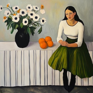 May include: A painting of a woman in a white shirt and green skirt sitting on a table with a vase of white flowers and oranges. The table has a white tablecloth with vertical stripes.