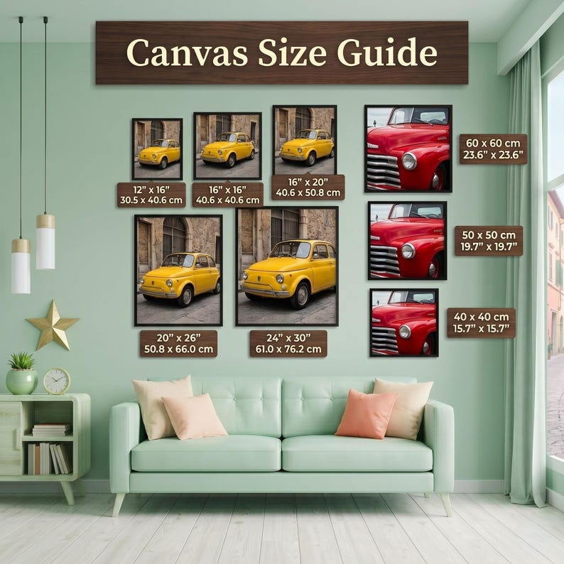 The image is a living room with a green sofa and a wall displaying a canvas size guide for various car sizes. The guide provides measurements for different car sizes, including a yellow car, a red car, and a white car.