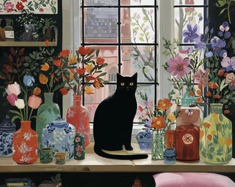 May include: A black cat sits on a windowsill, surrounded by colorful vases filled with flowers. The window overlooks a cityscape. Shelves below hold books, teacups, and a teapot. The scene is a vibrant illustration.