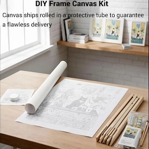 a DIY Frame Canvas Kit, which includes a roll of paper, a wooden frame, and various art supplies such as pencils and paintbrushes, all arranged on a wooden table.