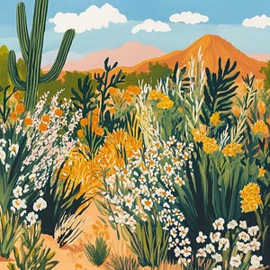 Wüste Botanische Farbe nach Zahlen, West Texas Kaktus Yucca Agave Rosen, Vintage Retro Wandkunst, Marfa Reisedekor, Big Bend National Park
