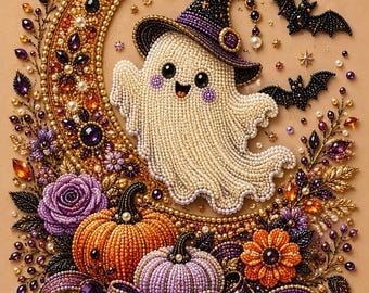 Pumpkin Ghost Halloween Pearl Painting Kit, DIY Spooky Craft for Adults, Pre-Framed Diamond Art Alternative, Fall Decor, Made in USA