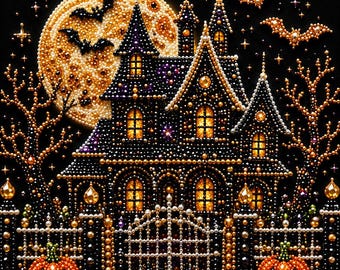 Halloween Eerie Ghostly Castle Pearl Painting Kit, DIY Spooky Craft for Adults, Pre-Framed Diamond Art Alternative, Fall Decor, Made in USA