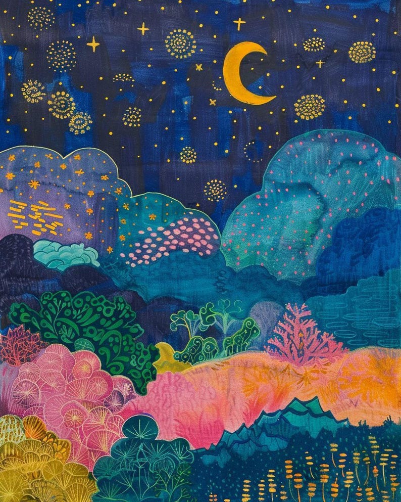 a painting of a night sky with stars and clouds