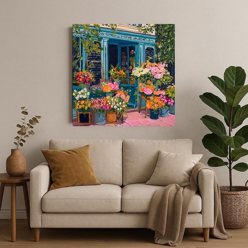 a cozy living room with a beige sofa, a wooden side table, and a large potted plant. Above the sofa, there is a large painting of a flower shop with a variety of colorful flowers and plants displayed outside the shop.