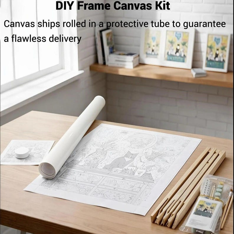 a DIY Frame Canvas Kit, which includes a roll of paper, a wooden frame, and various art supplies such as pencils and paintbrushes, all arranged on a wooden table.
