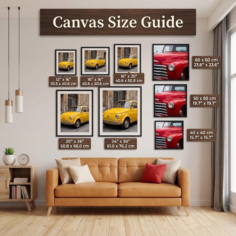 The image is a living room with a brown leather couch and a wooden side table. Above the couch, there is a wooden sign displaying a canvas size guide for artwork, including images of various cars and a clock.