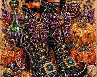 Full Moon Boots Magic Halloween Pearl Painting Kit, DIY Spooky Craft for Adults, Pre-Framed Diamond Art Alternative, Fall Decor, Made in USA