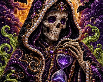 Gothic Skull Halloween Pearl Painting Kit, DIY Spooky Craft for Adults, Pre-Framed Diamond Art Alternative, Fall Decor, Made in USA