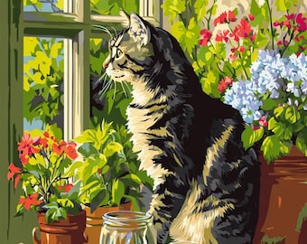 May include: A painting of a tabby cat sitting on a windowsill, looking out a window. The cat is black and brown with yellow eyes. There are potted plants with red, blue, and green flowers. A glass jar, small cup, and paintbrushes are on the windowsill.