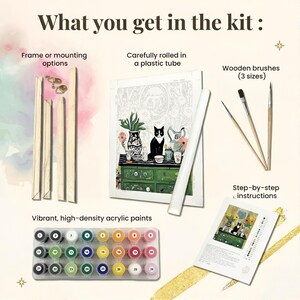 The image is a detailed guide to a painting kit, including various materials and tools for creating a painting. It includes a frame or mounting options, carefully rolled in a plastic tube, wooden brushes, vibrant, high-density acrylic paints, and step-by-step instructions.