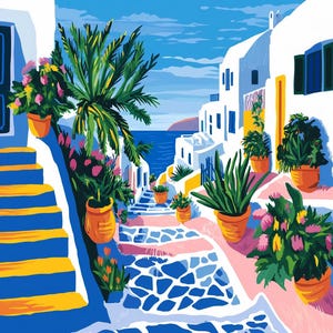 Santorini Dipingi con i numeri Grecia, Kit minimalista di pittura con i numeri, Dipingi con i numeri moderno, Kit fai da te di pittura con i numeri, Principianti, pbn incorniciato