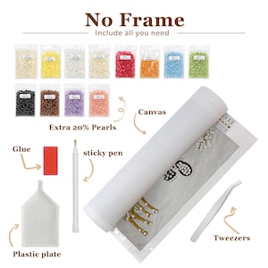 various craft supplies, including a roll of paper, a glue stick, a sticky pen, tweezers, a plastic plate, and extra pearls. The supplies are arranged in a way that they can be used for creating a canvas, which is described as a "No Frame" project.