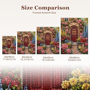 The image is a framed artwork size comparison, showing the dimensions of four different framed artworks depicting a garden scene with a red door and flowers.