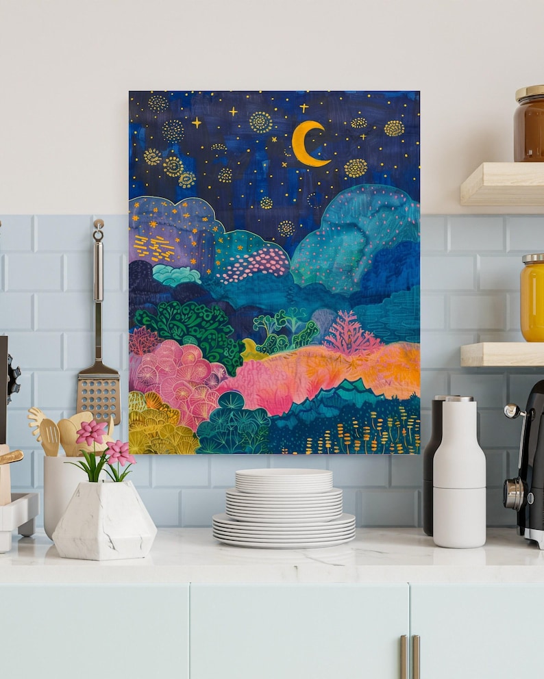 a painting on a wall above a kitchen counter