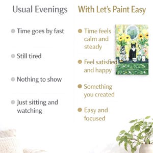 The image is a comparison between two different scenes, one depicting a cat sitting and watching, and the other depicting a painting of a cat. The text highlights the differences between the two scenes, such as the time it takes to paint, the level of satisfaction, and the level of focus.