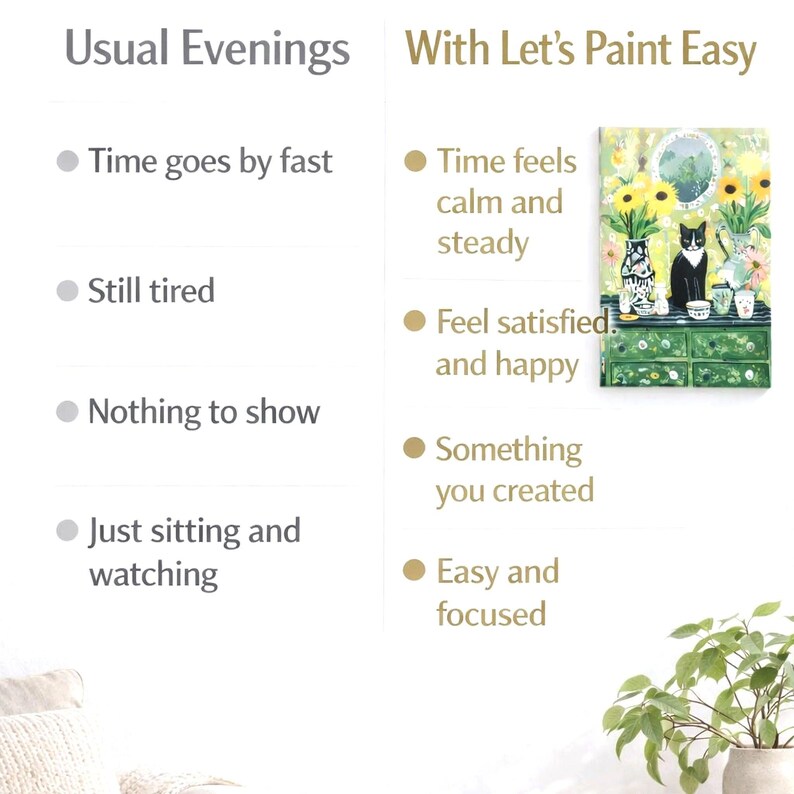 The image is a comparison between two different scenes, one depicting a cat sitting and watching, and the other depicting a painting of a cat. The text highlights the differences between the two scenes, such as the time it takes to paint, the level of satisfaction, and the level of focus.