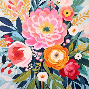 a painting of a bouquet of flowers on a blue background