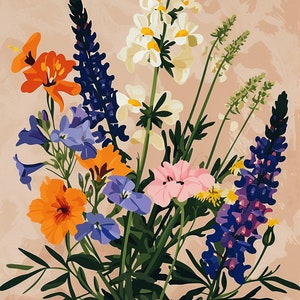 Pintura floral por números en tonos pastel, flores silvestres para adultos