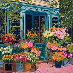 a vibrant flower shop with a variety of colorful flowers and plants displayed in pots and vases outside the shop.