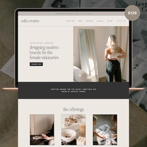 May include: A laptop screen shows a website design with the text "willa creative." The website features sections for custom design and branding, with images of women and product offerings. The price tag shows £102.