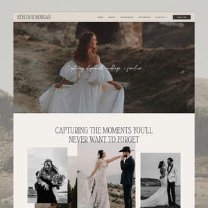 May include: Website design for Keyleigh Morgan, featuring a bride in a white dress, and sample wedding photos. The website's theme is timeless and luxury photography, with text that reads "Capturing the moments you'll never want to forget."