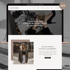 May include: A laptop screen displays a website design with the text "RILEE MARIE." The site features images, text, and a price tag of $129. The website's mission statement is "I'm passionate about CURATING the PERFECT BRAND for your FOLLOWERS."
