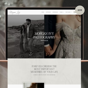 Może przedstawiać: Projekt strony internetowej dla Morgan Ivy Photography, prezentujący fotografię ślubną i portretową. Strona ma przejrzysty, nowoczesny układ ze zdjęciami par i detalami ślubnymi. Tekst zawiera "Morgan Ivy Photography" i "Forever Cherish the Most Important Memories of Your Life."