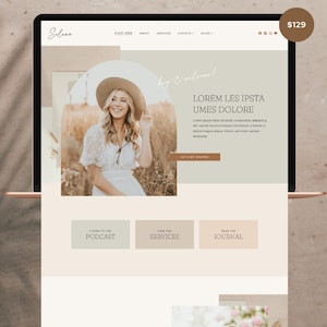 May include: A website design displayed on a laptop, featuring a woman in a hat and white dress. The site has a neutral color palette with text that reads "Hey Girl, I'm Your New BFF" and "Ready to Build the Life of Your Dreams?"
