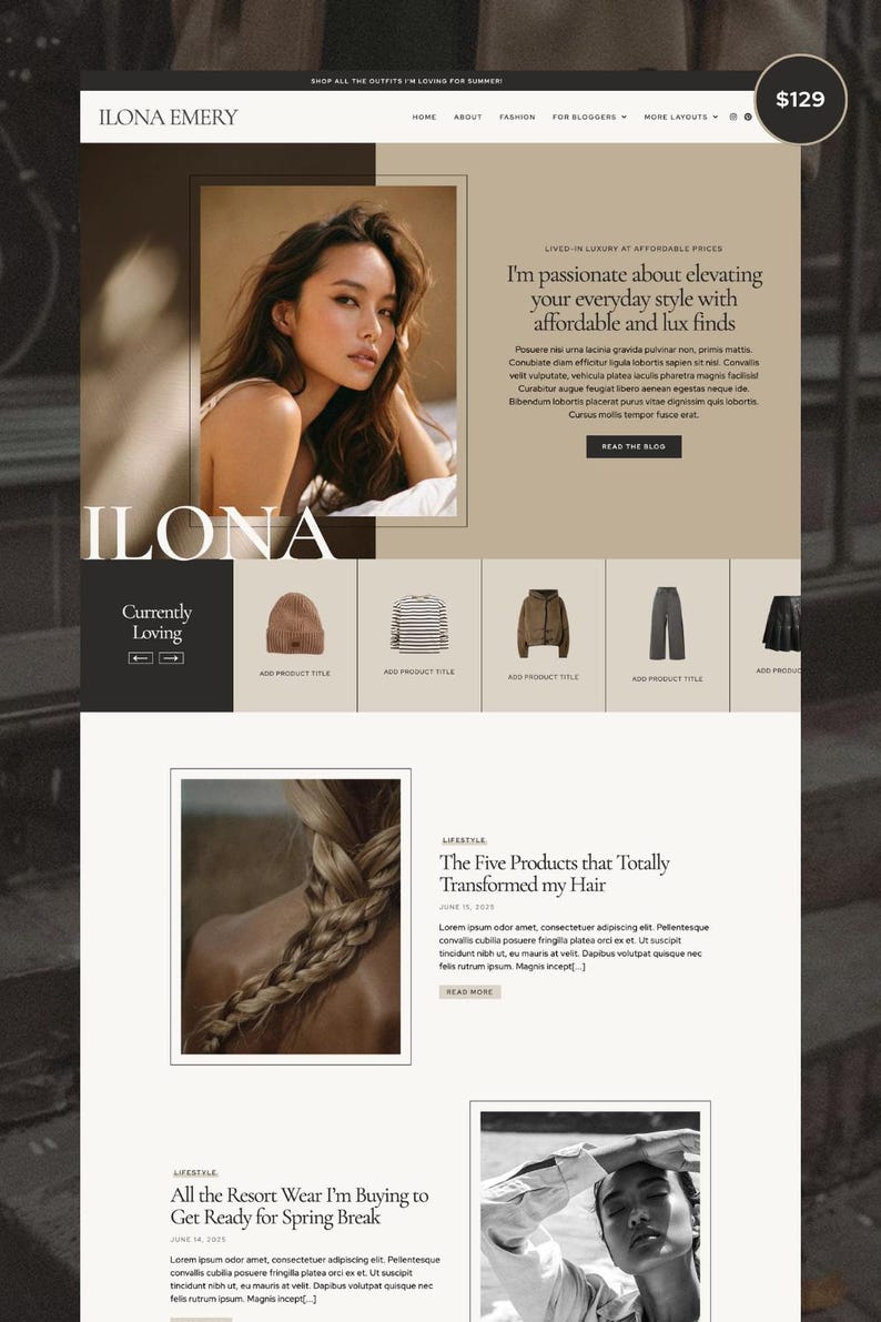May include: Website layout featuring a woman's portrait, the name "ILONA" in large letters, and product images. The site promotes "everyday style with affordable and lux finds."