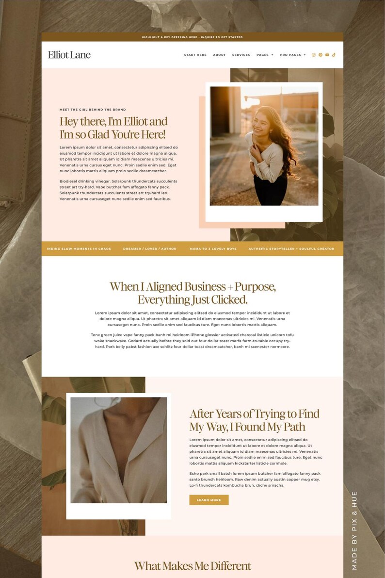 May include: A website design in neutral tones, with text and images. The top section displays the name "Elliot Lane" and navigation links. The content includes headings and paragraphs, with a photo of a smiling woman.
