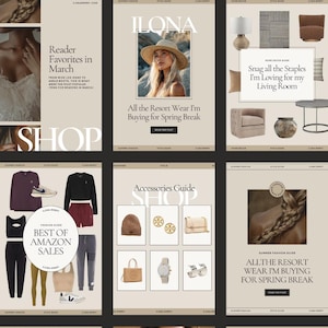May include: A digital graphic showcasing Canva templates for social media. The image includes templates for Pinterest, Instagram, and story reels. The design features fashion and home decor guides with the text "Best of Amazon Sales" and "All the Resort Wear I'm Buying for Spring Break."
