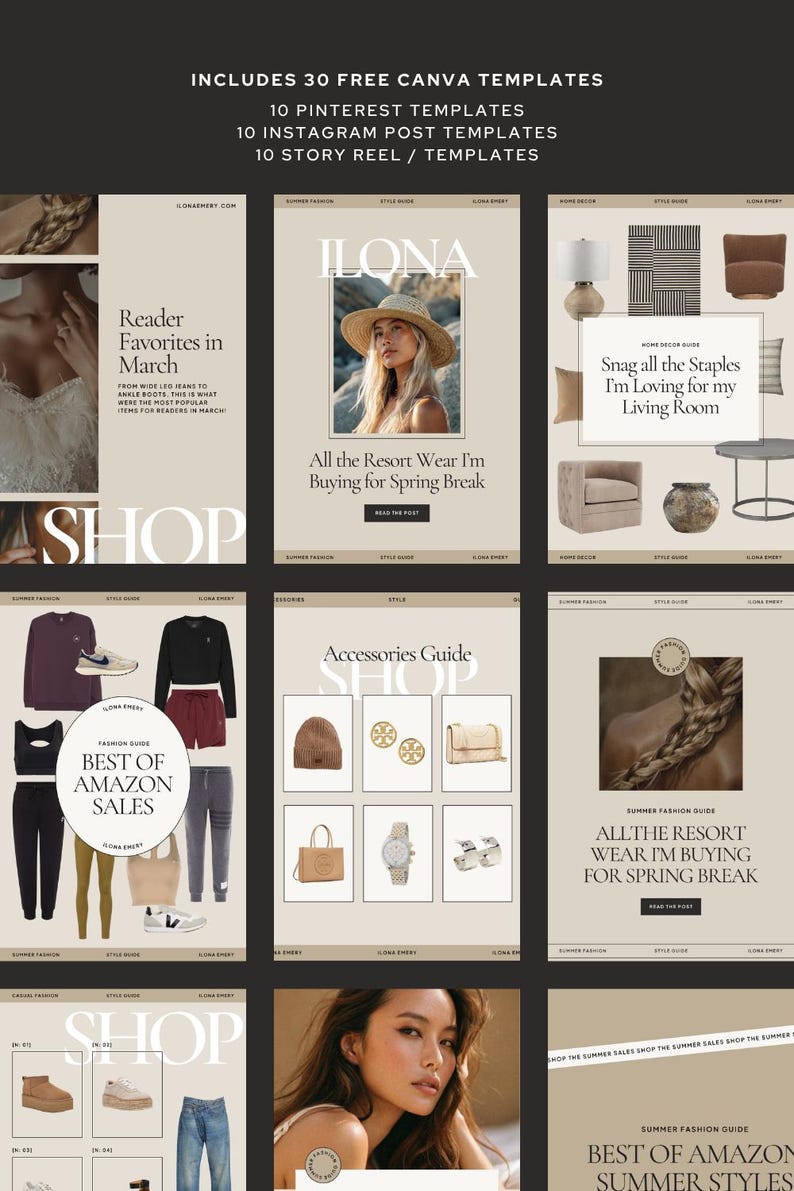 May include: A digital graphic showcasing Canva templates for social media. The image includes templates for Pinterest, Instagram, and story reels. The design features fashion and home decor guides with the text "Best of Amazon Sales" and "All the Resort Wear I'm Buying for Spring Break."