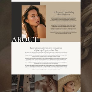 May include: Website design featuring a woman's portrait, the word "ABOUT", and sample text. The design includes a neutral color palette with text that reads "ILONA WORDPRESS THEME MADE BY PIX & HUE".