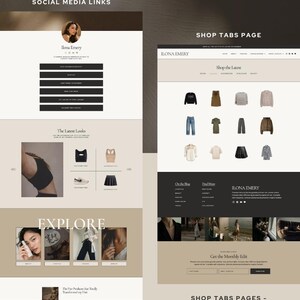 May include: A website design showcasing the "Ilona Wordpress Theme" with custom layouts for influencers. The design includes social media links, shop tabs, and a "Shop the Latest" section. Text includes "Create your best link in bio page ever!"
