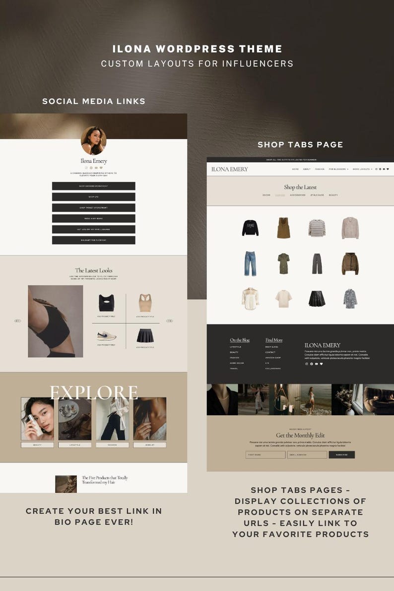May include: A website design showcasing the "Ilona Wordpress Theme" with custom layouts for influencers. The design includes social media links, shop tabs, and a "Shop the Latest" section. Text includes "Create your best link in bio page ever!"